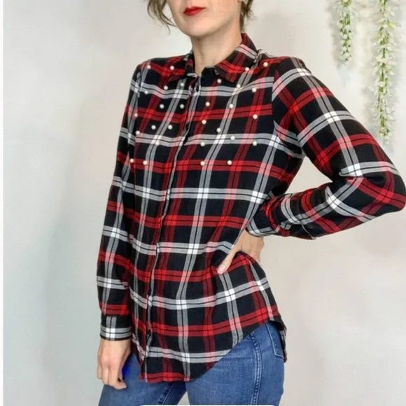 ZARA Basic Collection Black and Red White Faux Pearls Plaid Button Down Shirt ❤️ - Picture 3 of 11